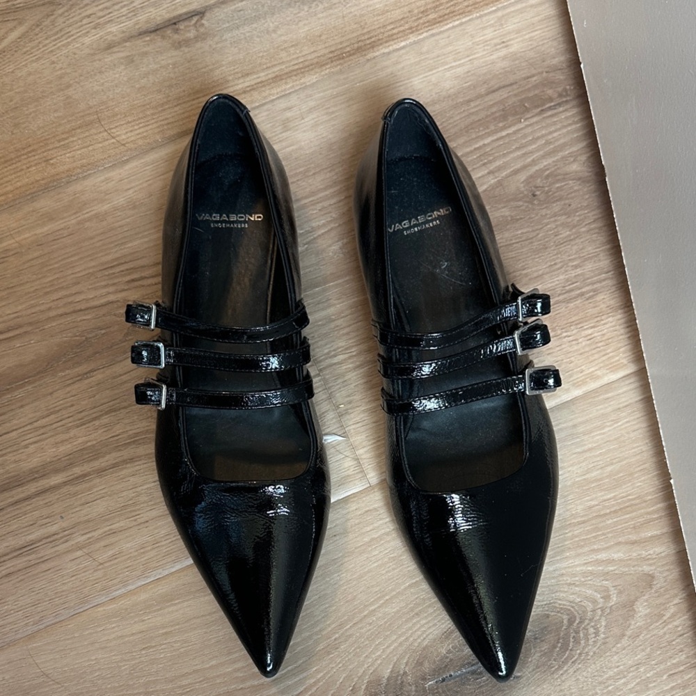 Vagabond Black Patent Triple-Strap Pointed Flats — Shiny Mary Jane Style